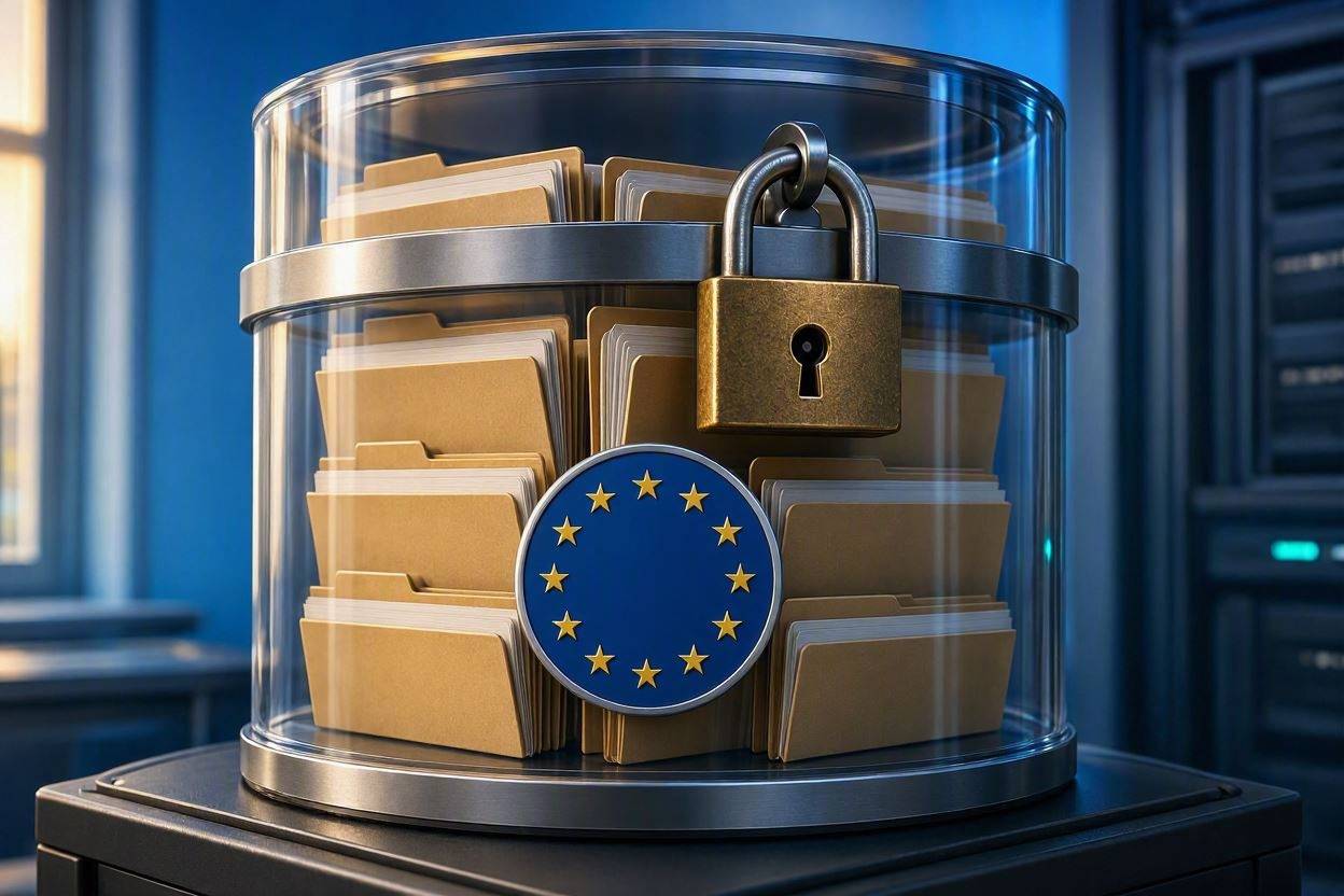 Illustration of document folders secured under a padlock inside a glass case, with a circular European Union emblem, representing data protection