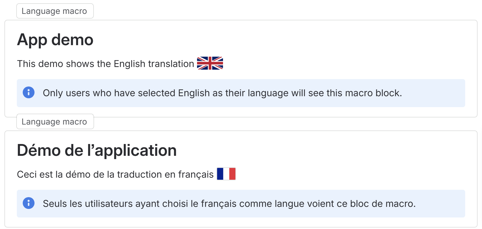 Two Language macro blocks stacked on the same page: 'App demo' in English, each showing an info callout explaining that only readers with that language selected will see the block