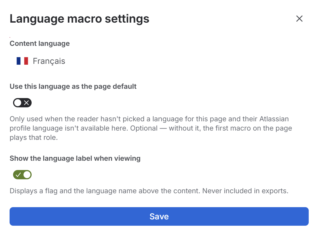 The Language macro settings panel, showing the content language set to Français, a 'Use this language as the page default' toggle switched off, and a 'Show the language label when viewing' toggle switched on