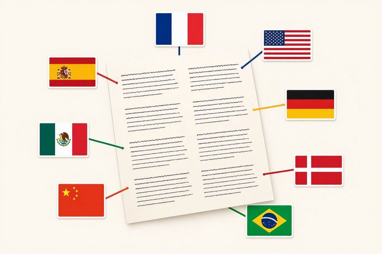 A single document with lines representing several national flags - France, the United States, Spain, Germany, Mexico, Denmark, China and Brazil - each connected to it by a coloured line