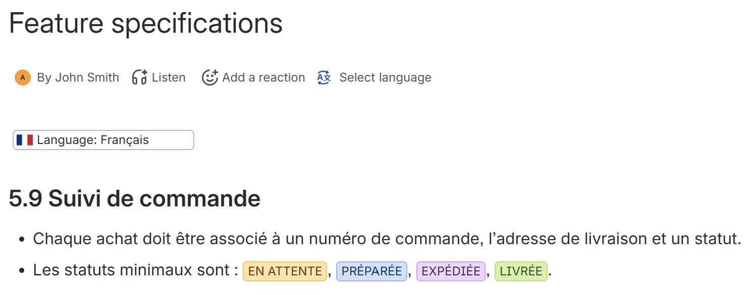 A published page in view mode, showing the Select language icon in the byline and a 'Language: Français' label above the content