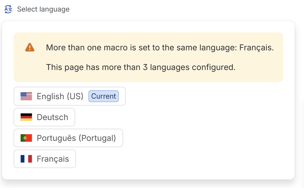 The Select language panel showing two messages together: 'More than one macro is set to the same language: Français.' and 'This page has more than 3 languages configured.', above a list of four language options