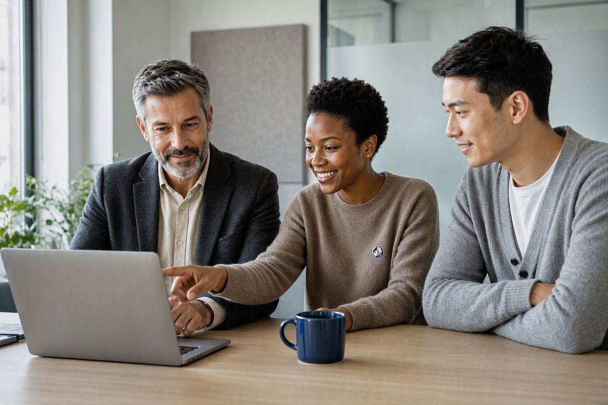 Three colleagues of different ages and backgrounds looking together at a laptop screen, one of them pointing at it, smiling
